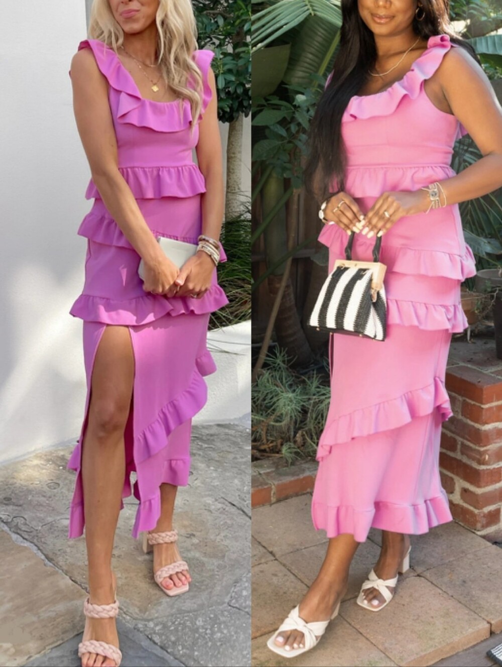 Show Me Your Mumu Greta Midi Dress Pink Lilac Stretch Ruffle Tiered
